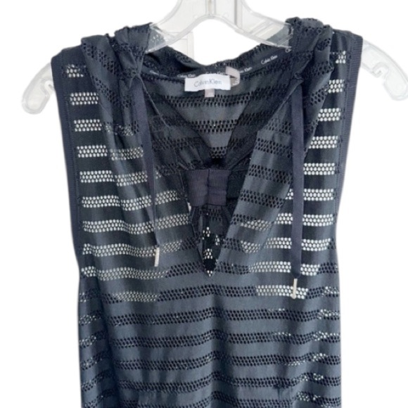 Calvin Klein Crochet Black Stripe Cover-Up Tunic Sz S/M Hooded Racerback Beachy - Picture 8 of 13